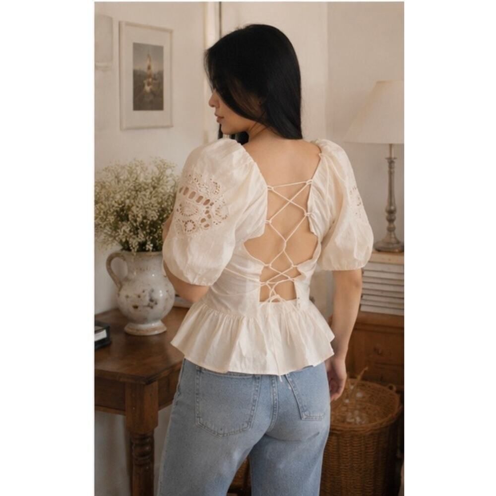 Scarlett Poppies Harka Cotton Puff Sleeve Peplum Top Vanilla Ivory M NWT